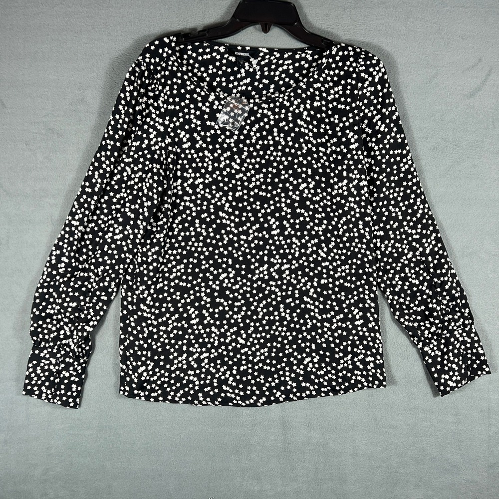 Express Womens Blouse M Black White Floral Star Print Long Sleeve Button Back
